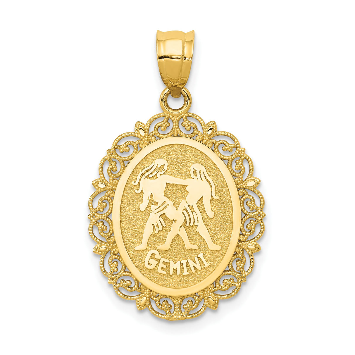 14k Yellow Gold Gemini Pendant with Ornate Twin Symbol and Filigree Border