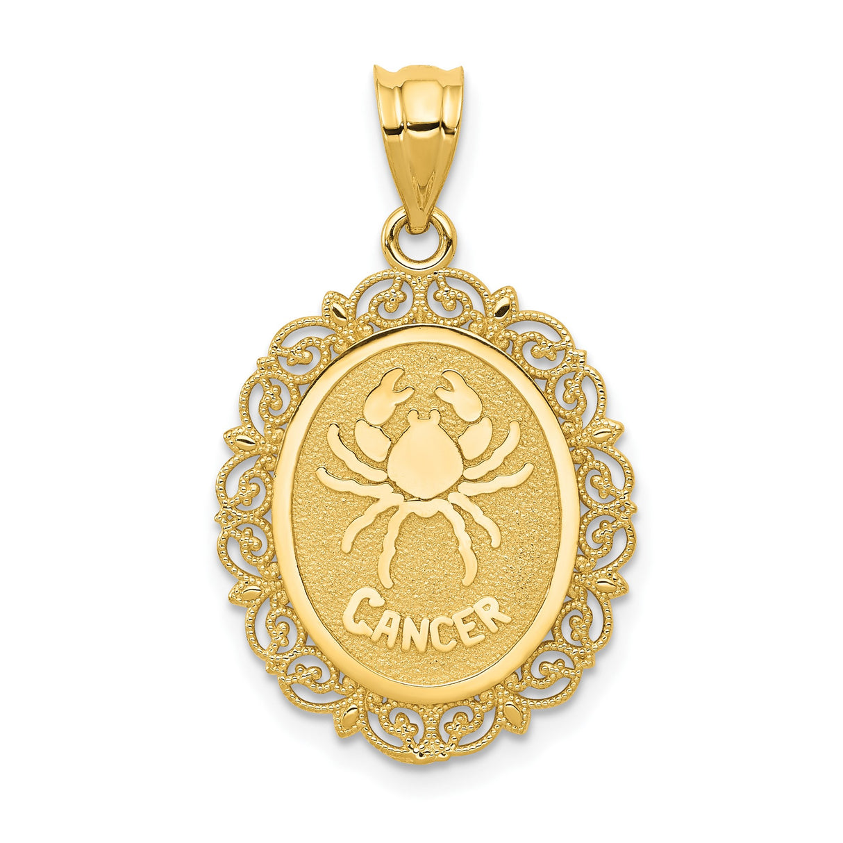 14k Yellow Gold Cancer Zodiac Pendant with Crab Symbol and Filigree Edge