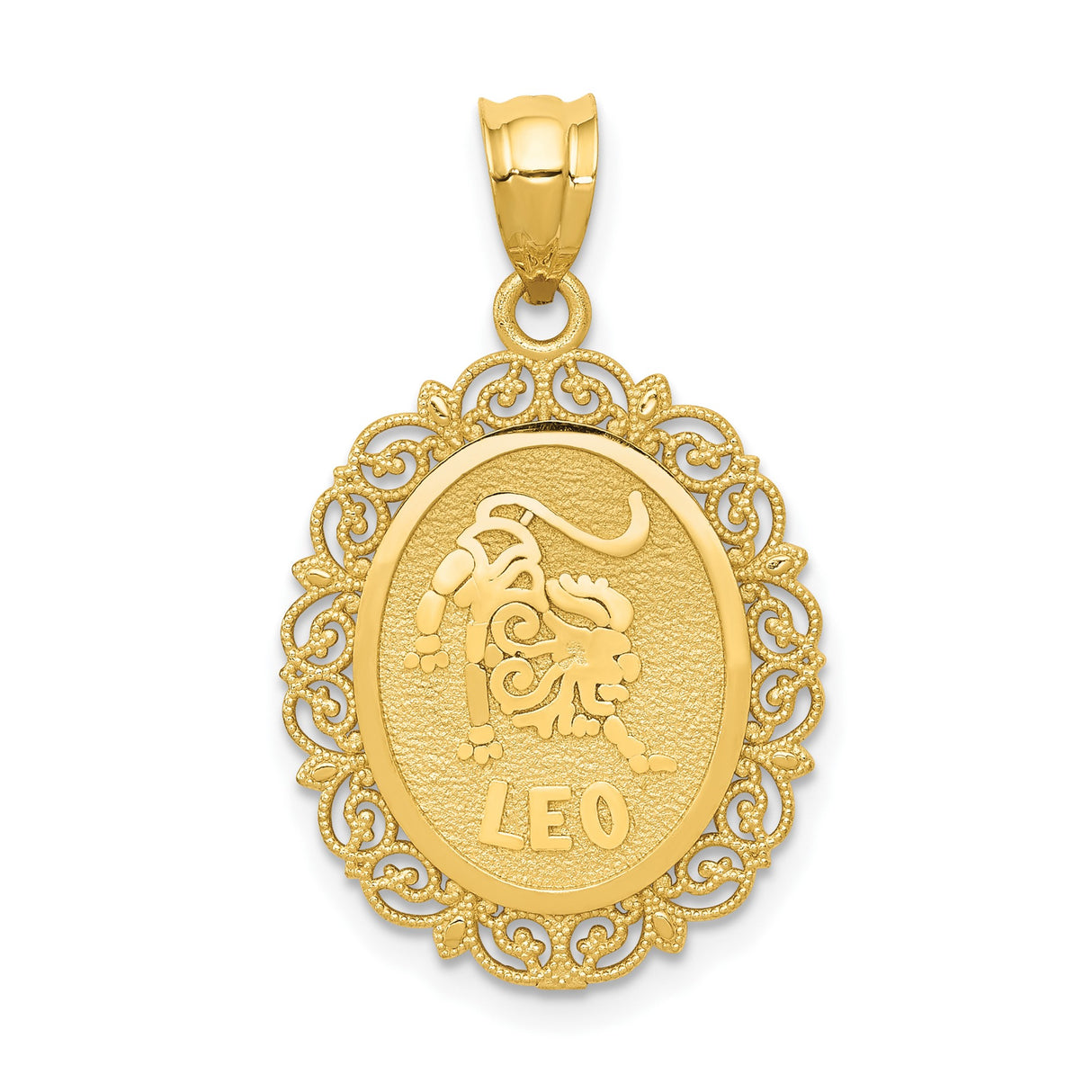 14k Yellow Gold Leo Zodiac Pendant with Filigree Border and Lion Symbol Charm
