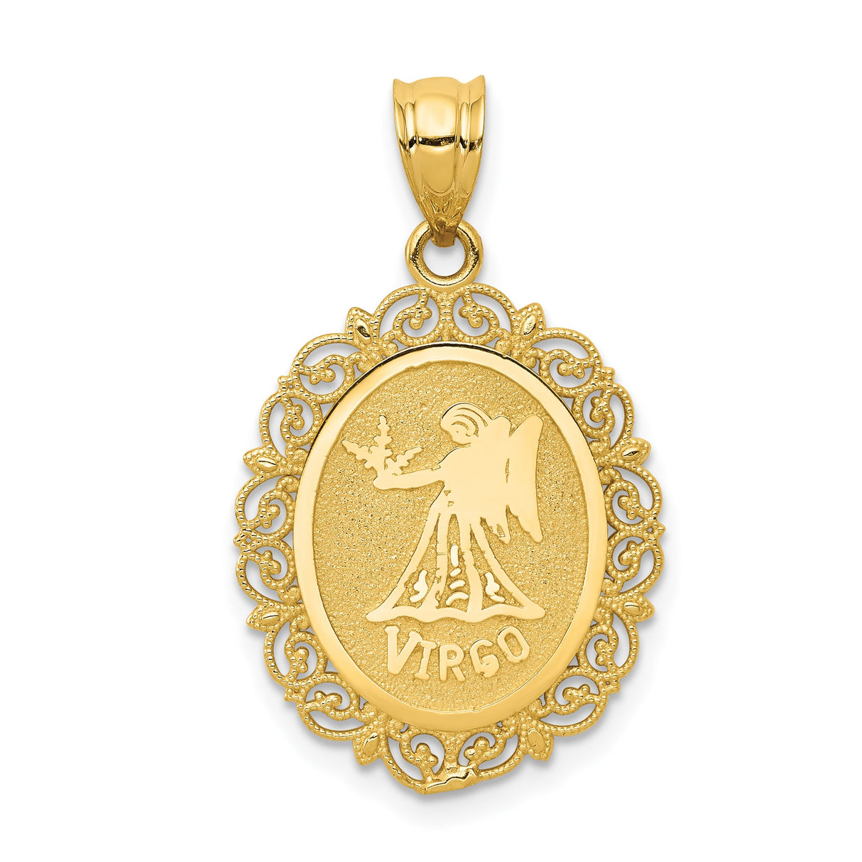 14k Yellow Gold Virgo Zodiac Pendant with Virgo Symbol and Filigree Design