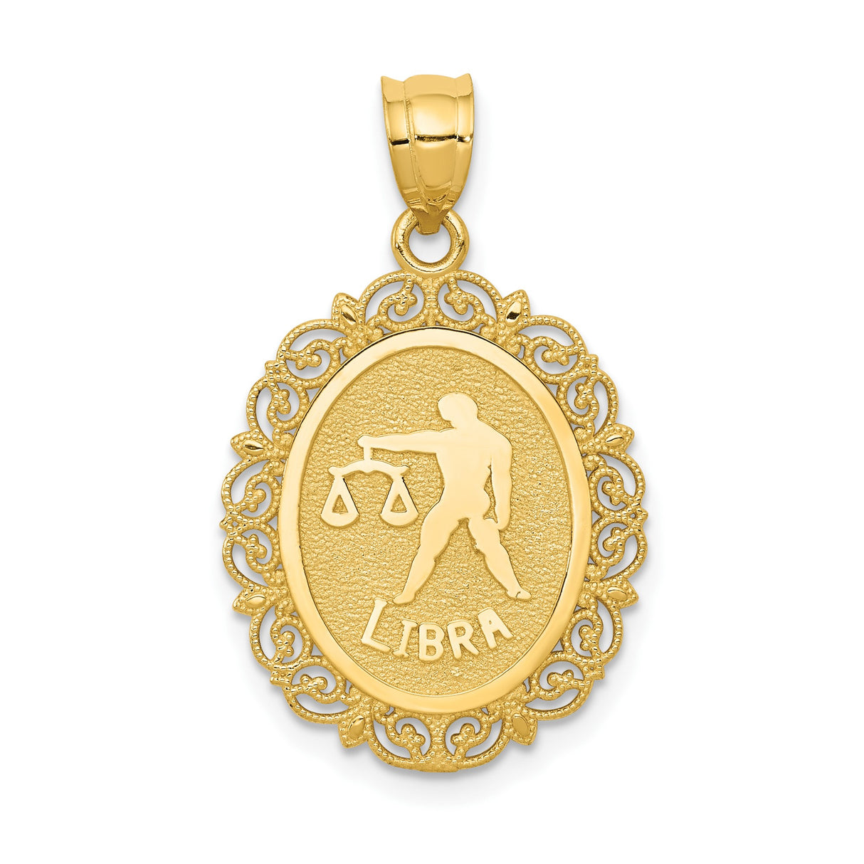 14k Yellow Gold Libra Pendant with Ornate Filigree Border and Zodiac Symbol
