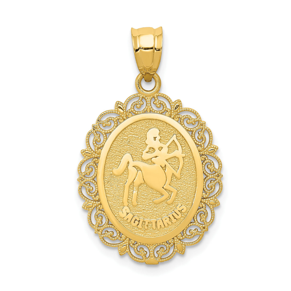 14k Yellow Gold Sagittarius Zodiac Pendant with Filigree Border, Celestial Centaur Archer Design