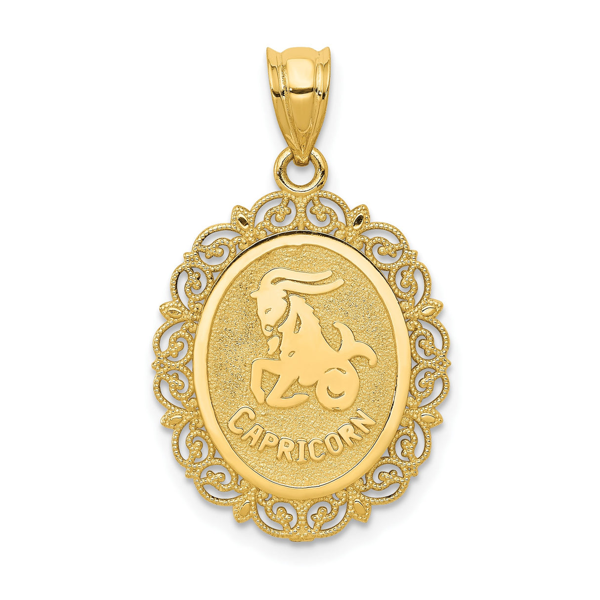 14k Yellow Gold Capricorn Zodiac Pendant with Raised Goat Symbol and Filigree Border