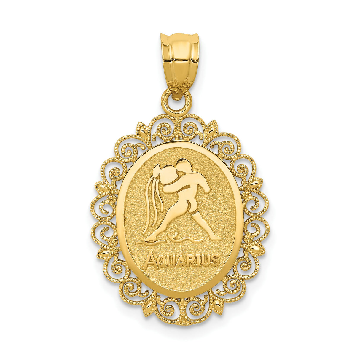 14k Yellow Gold Aquarius Zodiac Pendant with Water Bearer Symbol and Filigree Border