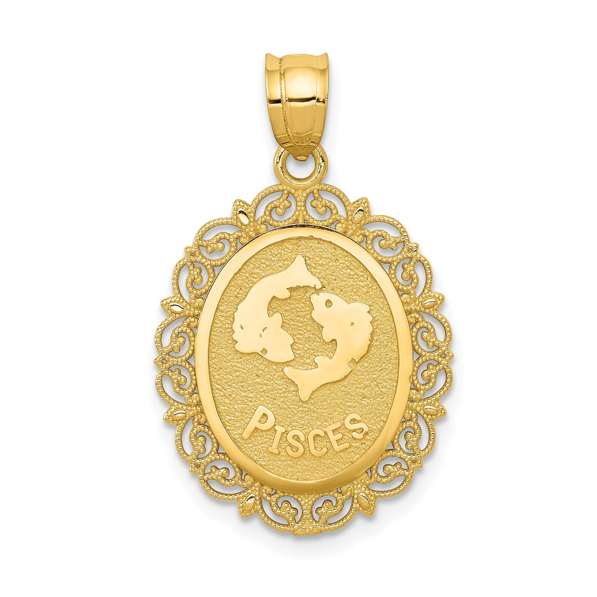 14k Yellow Gold Pisces Zodiac Pendant with Ornate Border and Two Fish Design