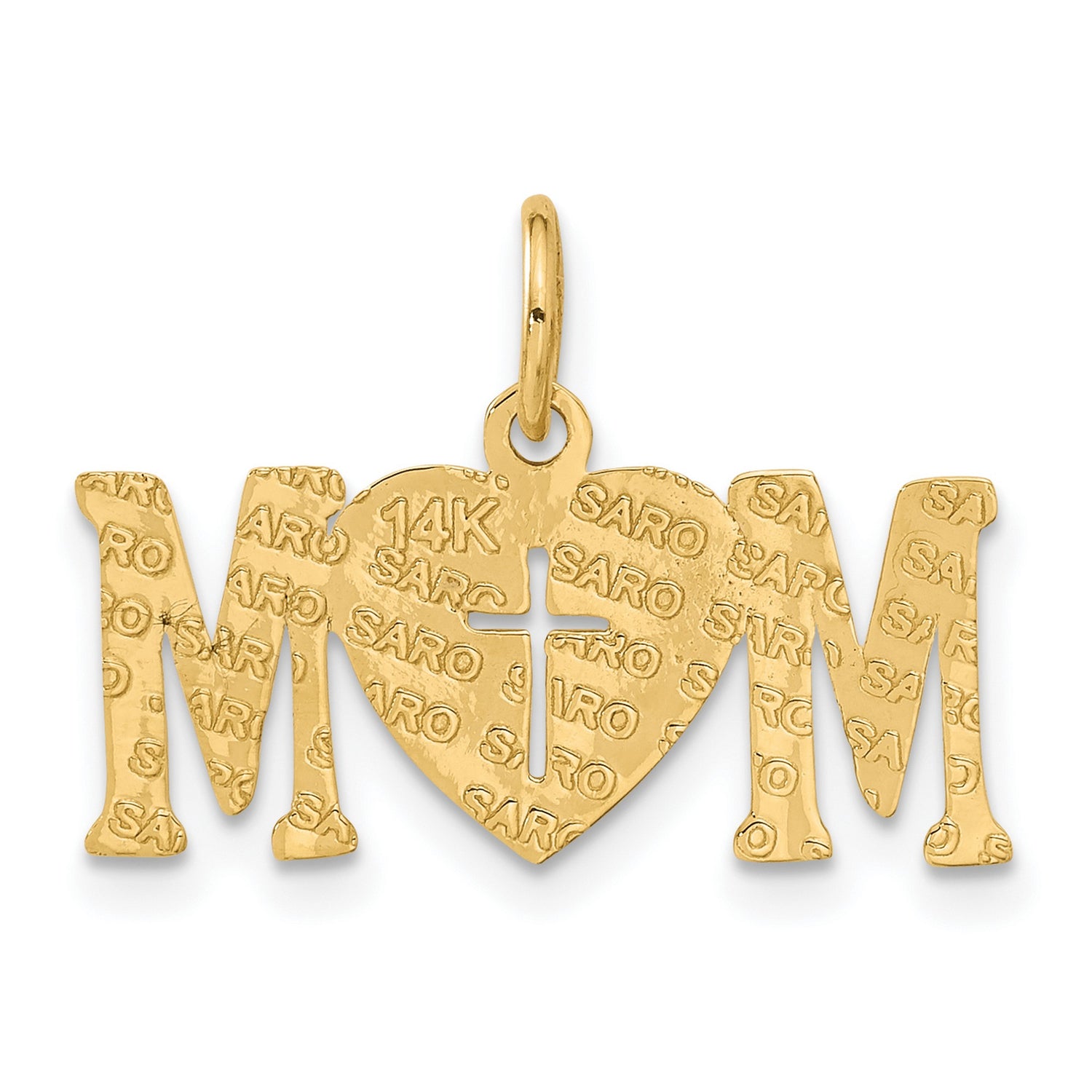 Polished Mom Word With Cross On Heart Charm Pendant in Real 14k Yellow Gold