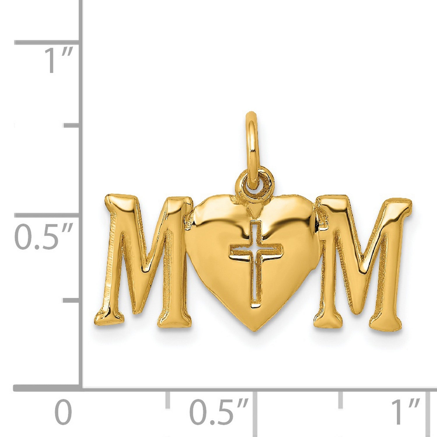 Polished Mom Word With Cross On Heart Charm Pendant in Real 14k Yellow Gold