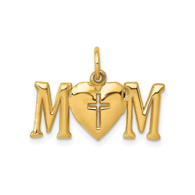 14k Yellow Gold Cross Pendant, Smooth Script Design, Polished Religious Charm for Men and Women