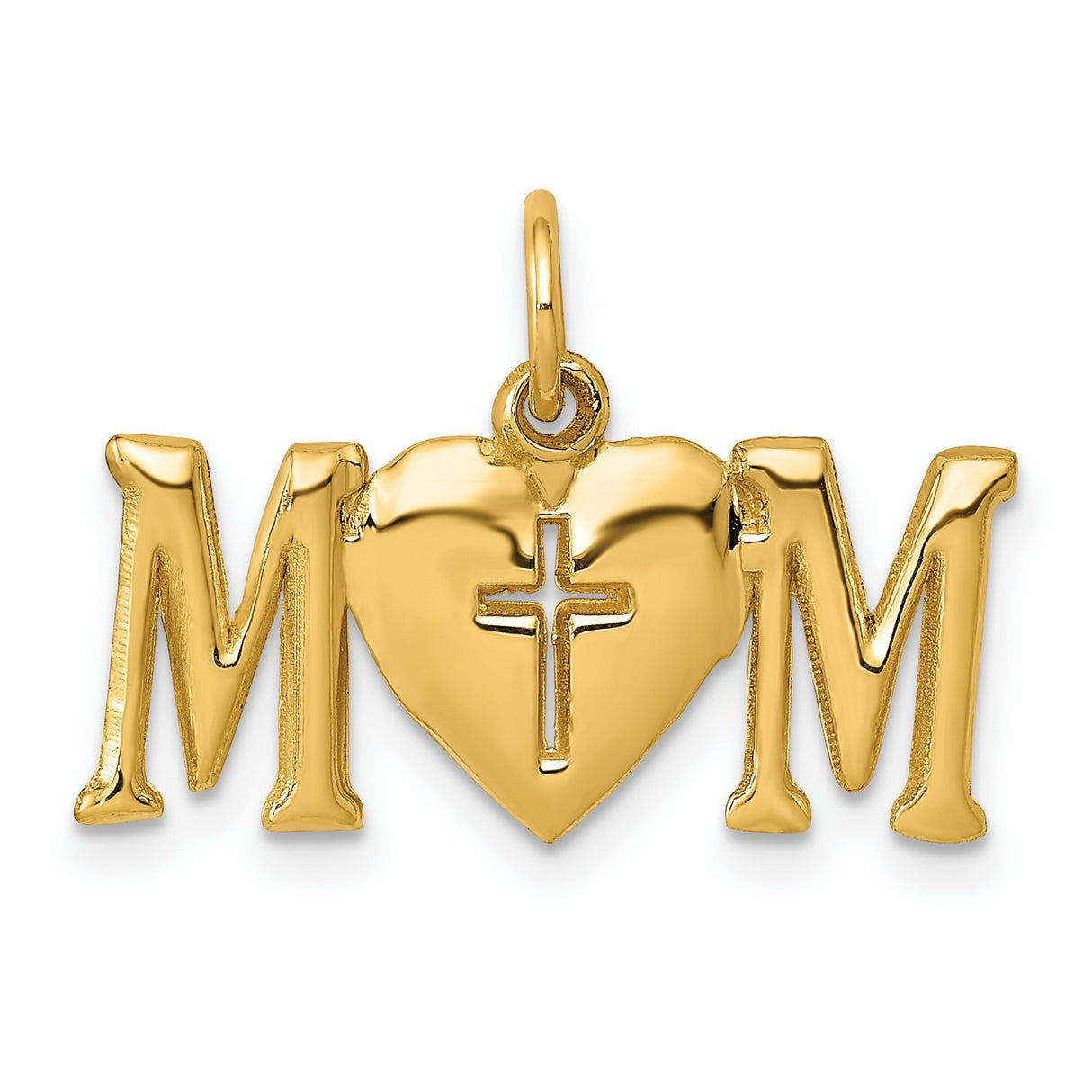 Polished Mom Word With Cross On Heart Charm Pendant in Real 14k Yellow Gold