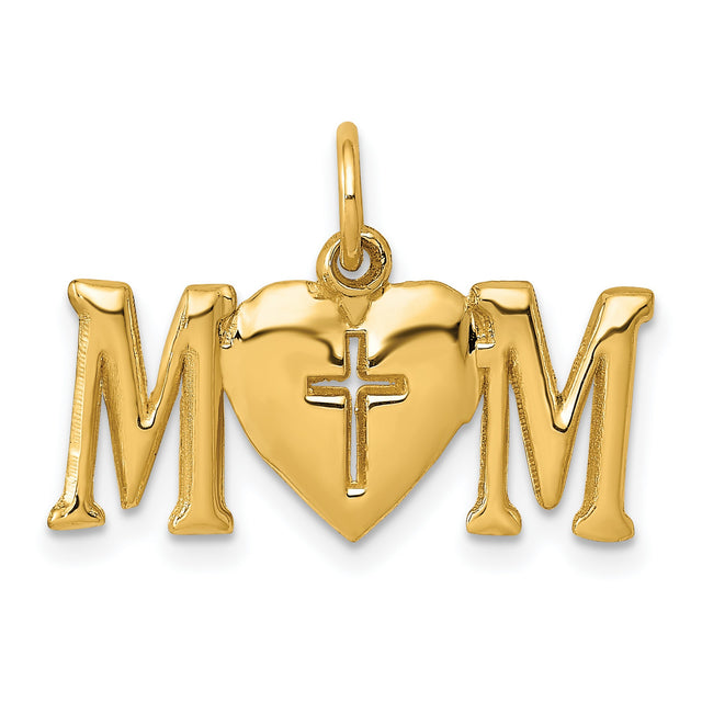 Polished Mom Word With Cross On Heart Charm Pendant in Real 14k Yellow Gold