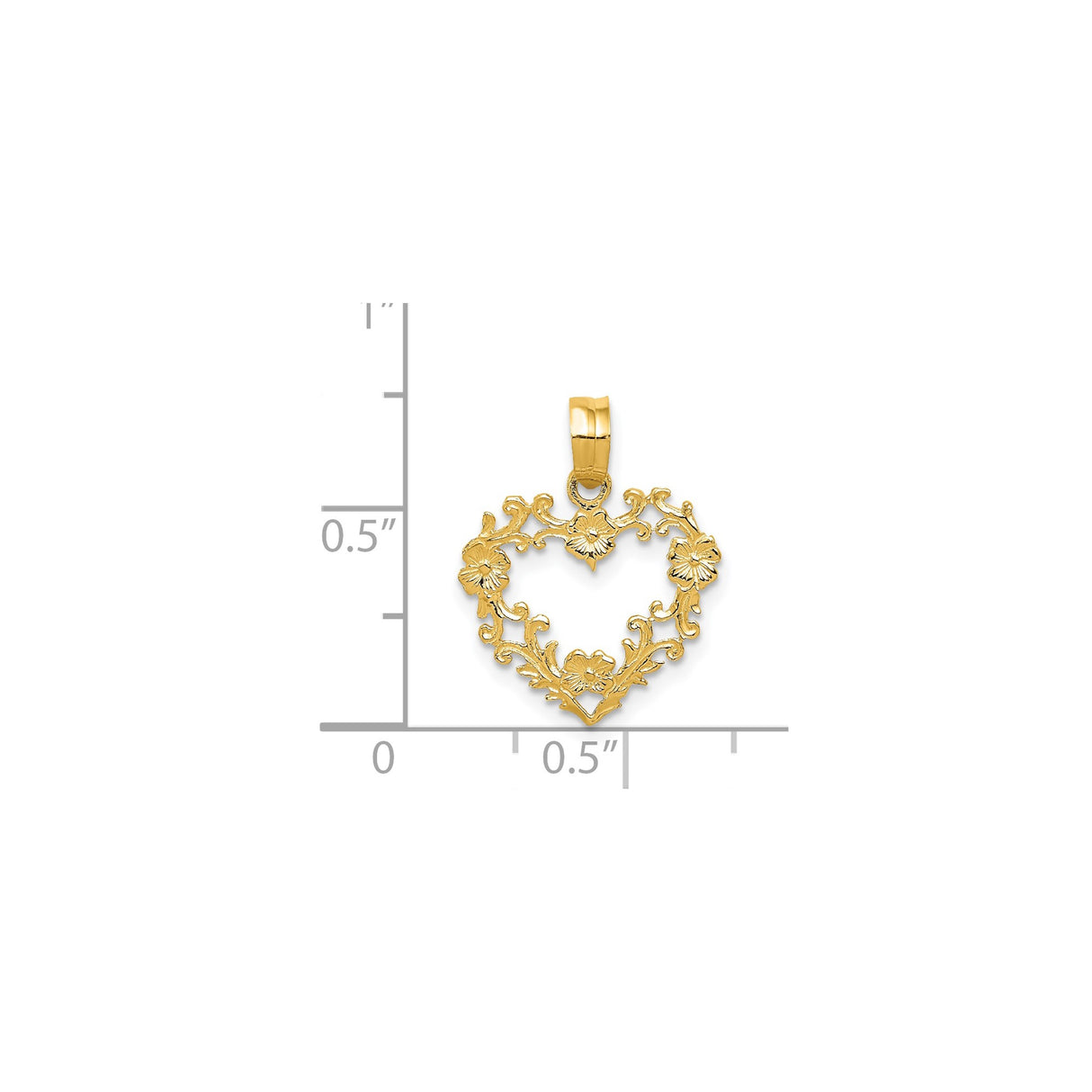 14k Yellow Gold Heart Pendant with Openwork Floral Scrollwork Design for Women