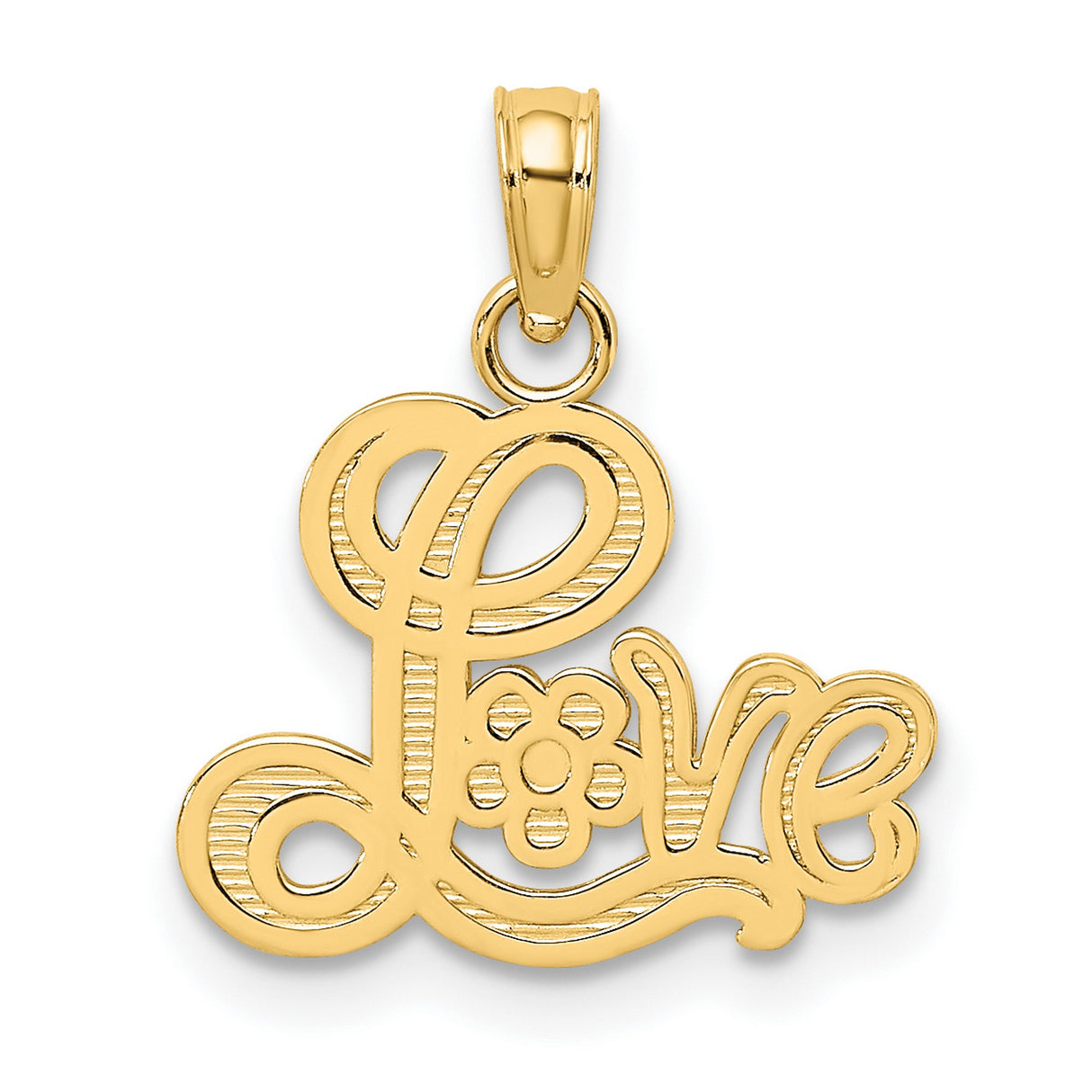 14k Yellow Gold Pendant with Flowing Love Script and Floral Design for Women