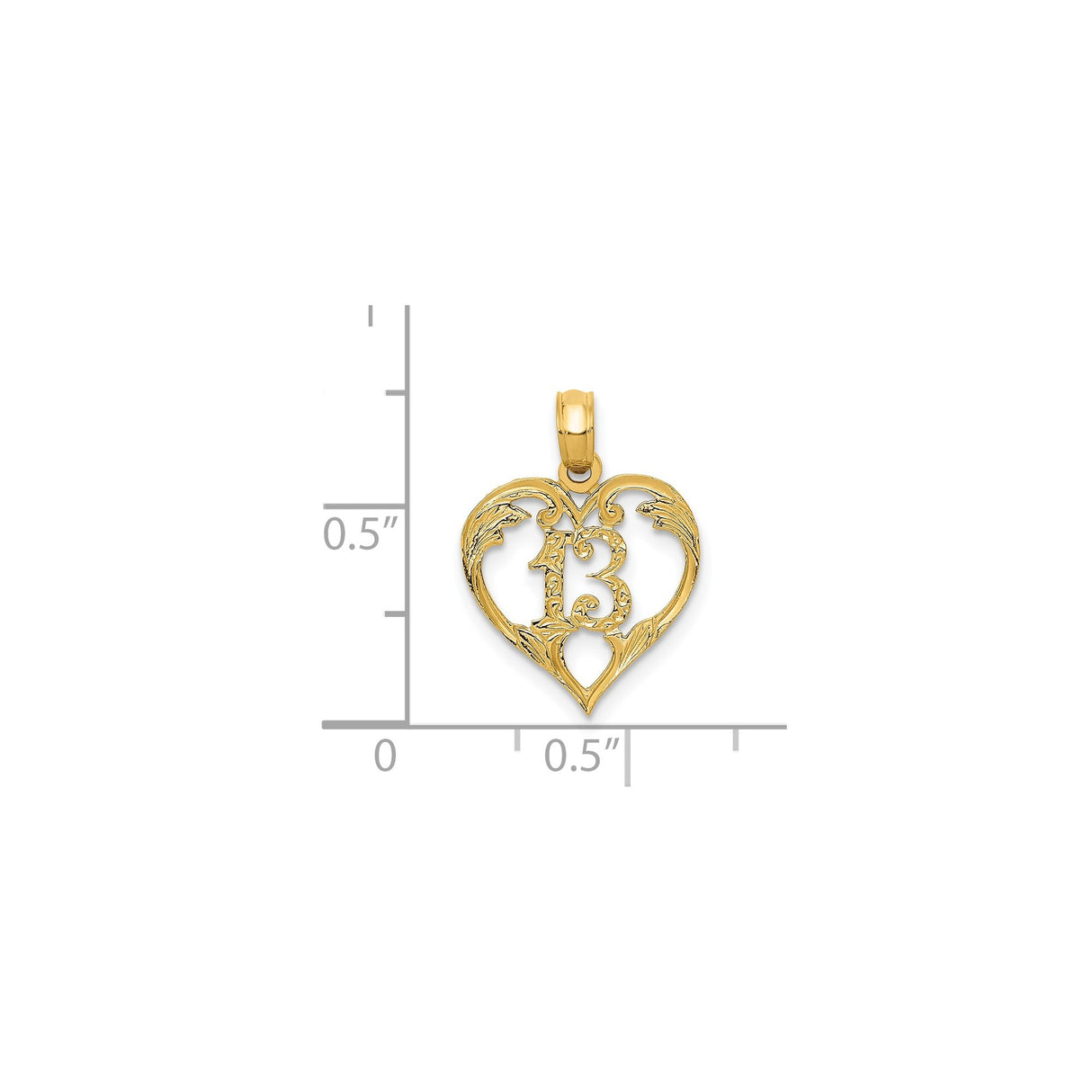 14k Yellow Gold Heart Pendant with Number 13, Vintage Filigree Charm