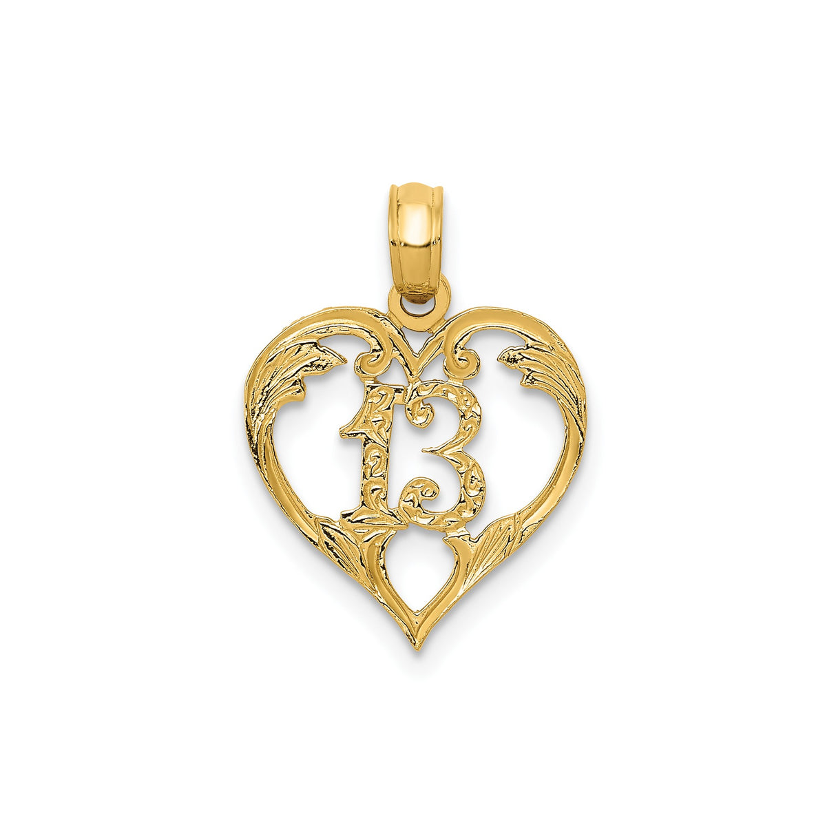 14k Yellow Gold Heart Pendant with Number 13, Vintage Filigree Charm