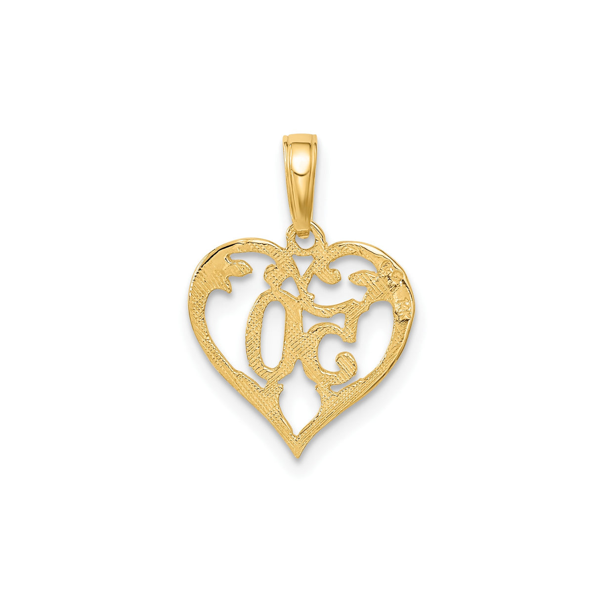 14k Yellow Gold Heart Pendant with Number 50 and Scrollwork for 50th Anniversary