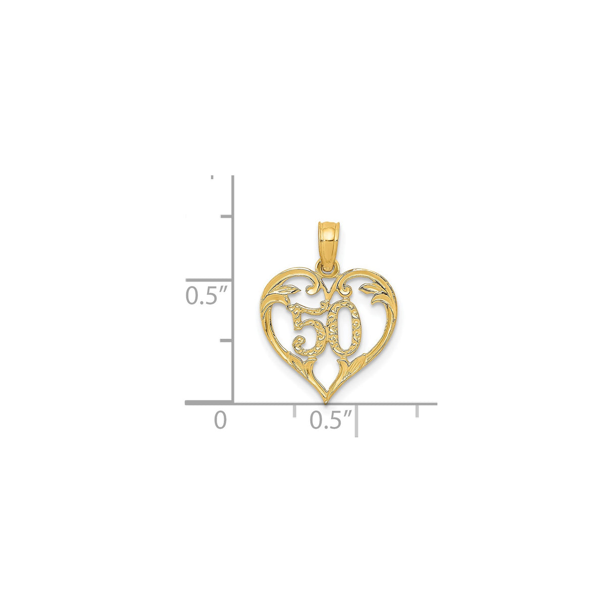 14k Yellow Gold Heart Pendant with Number 50 and Scrollwork for 50th Anniversary