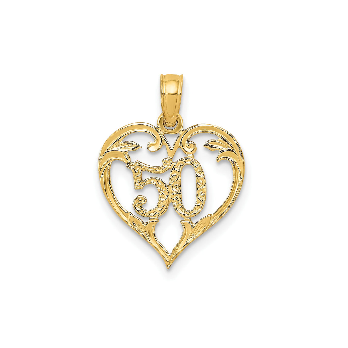 14k Yellow Gold Heart Pendant with Number 50 and Scrollwork for 50th Anniversary