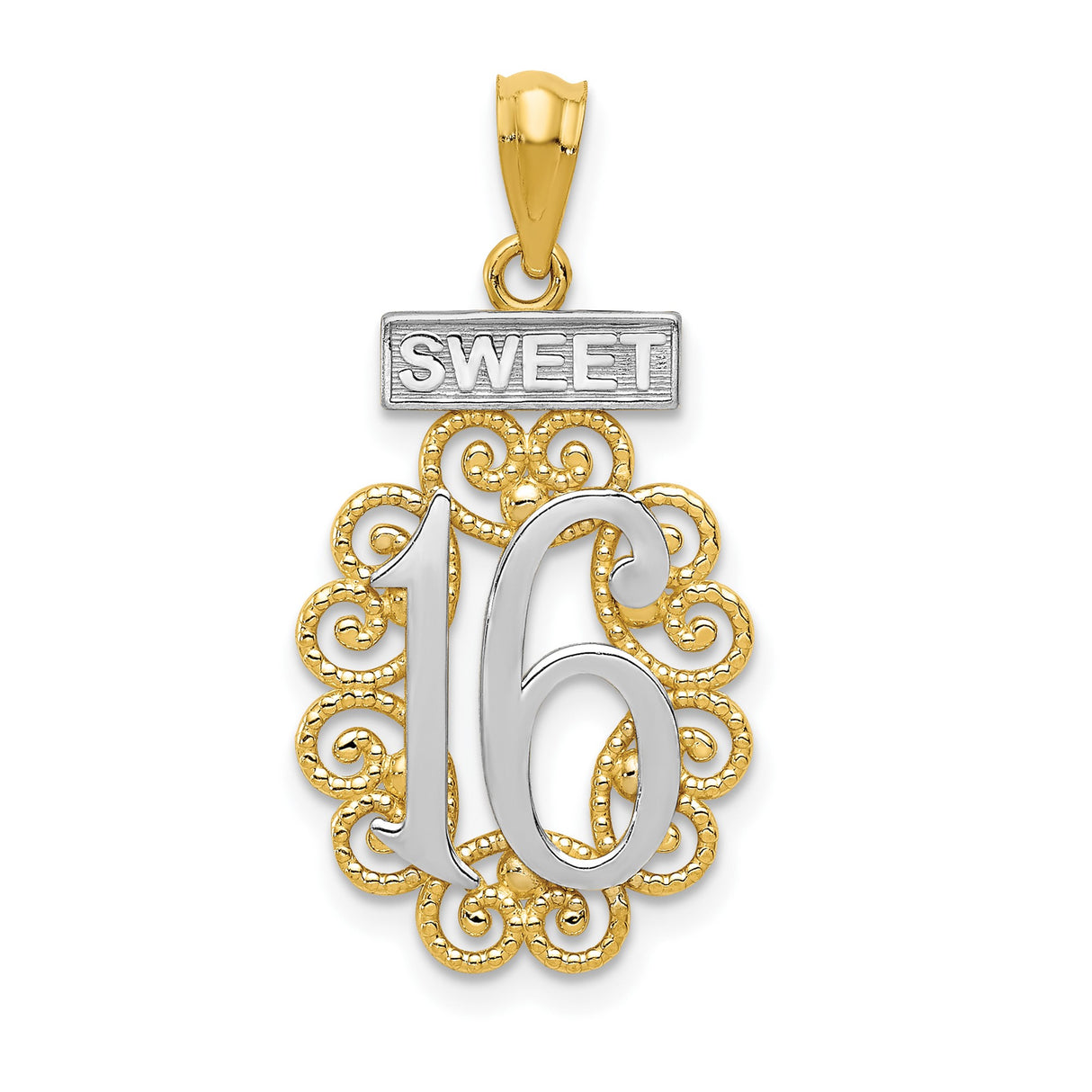 14k Multi-Tone Gold Sweet 16 Pendant, Oval Milestone Charm with Rhodium Scroll Design