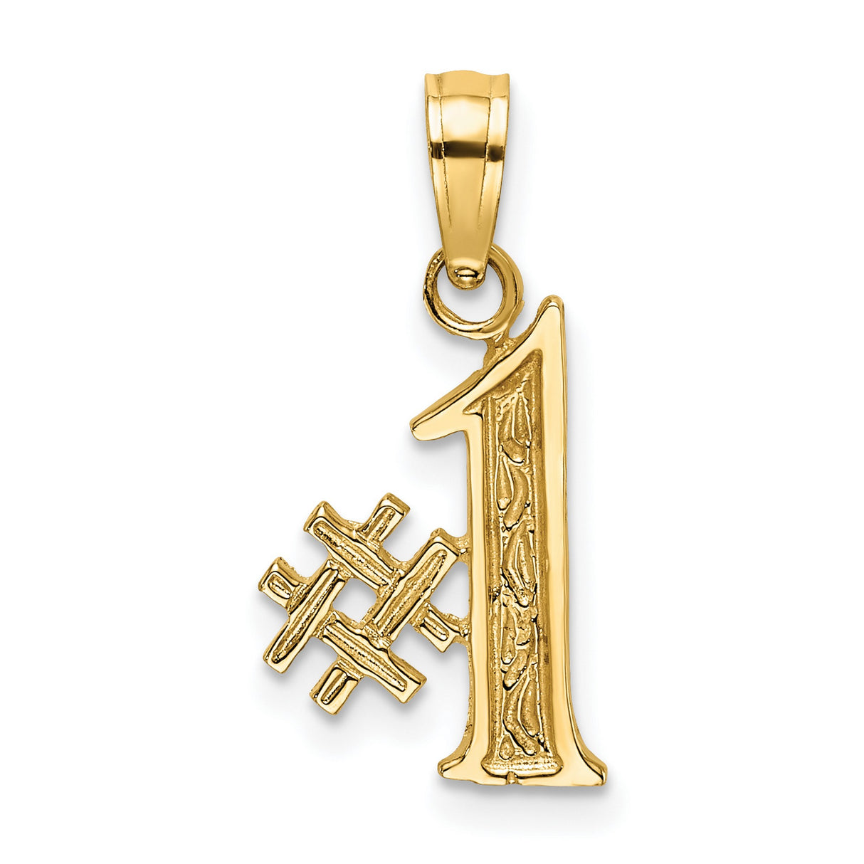 14k Yellow Gold Number One Pendant, Carved Detail Motivational Charm for Men or Women