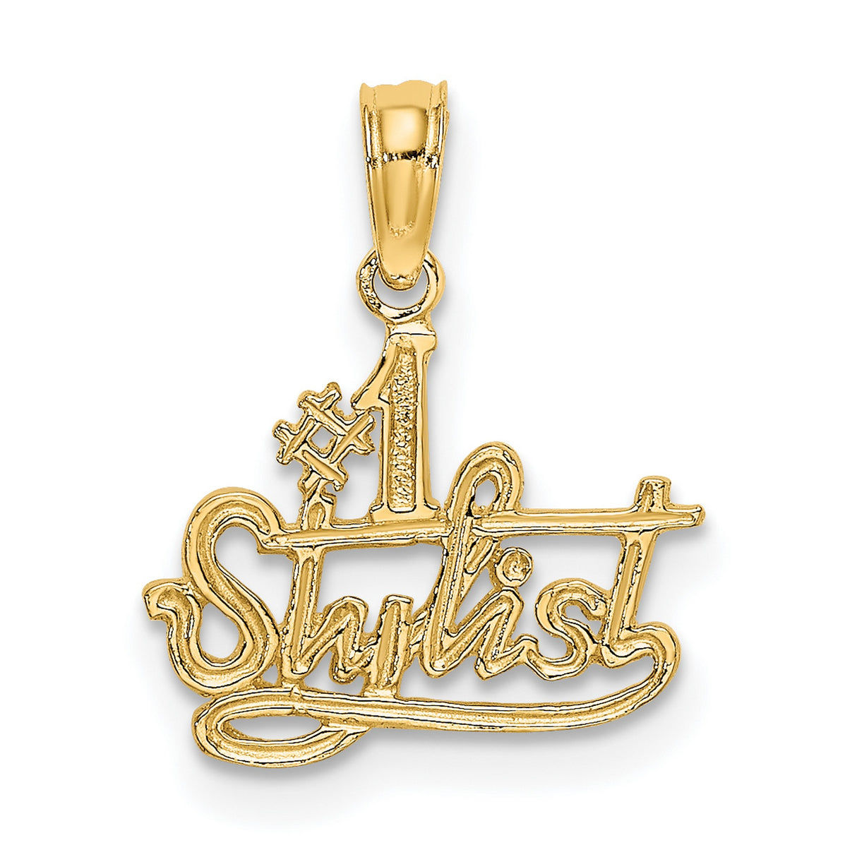 14k Yellow Gold Number One Stylist Pendant Charm, Bold Script Career Jewelry for Hairdressers