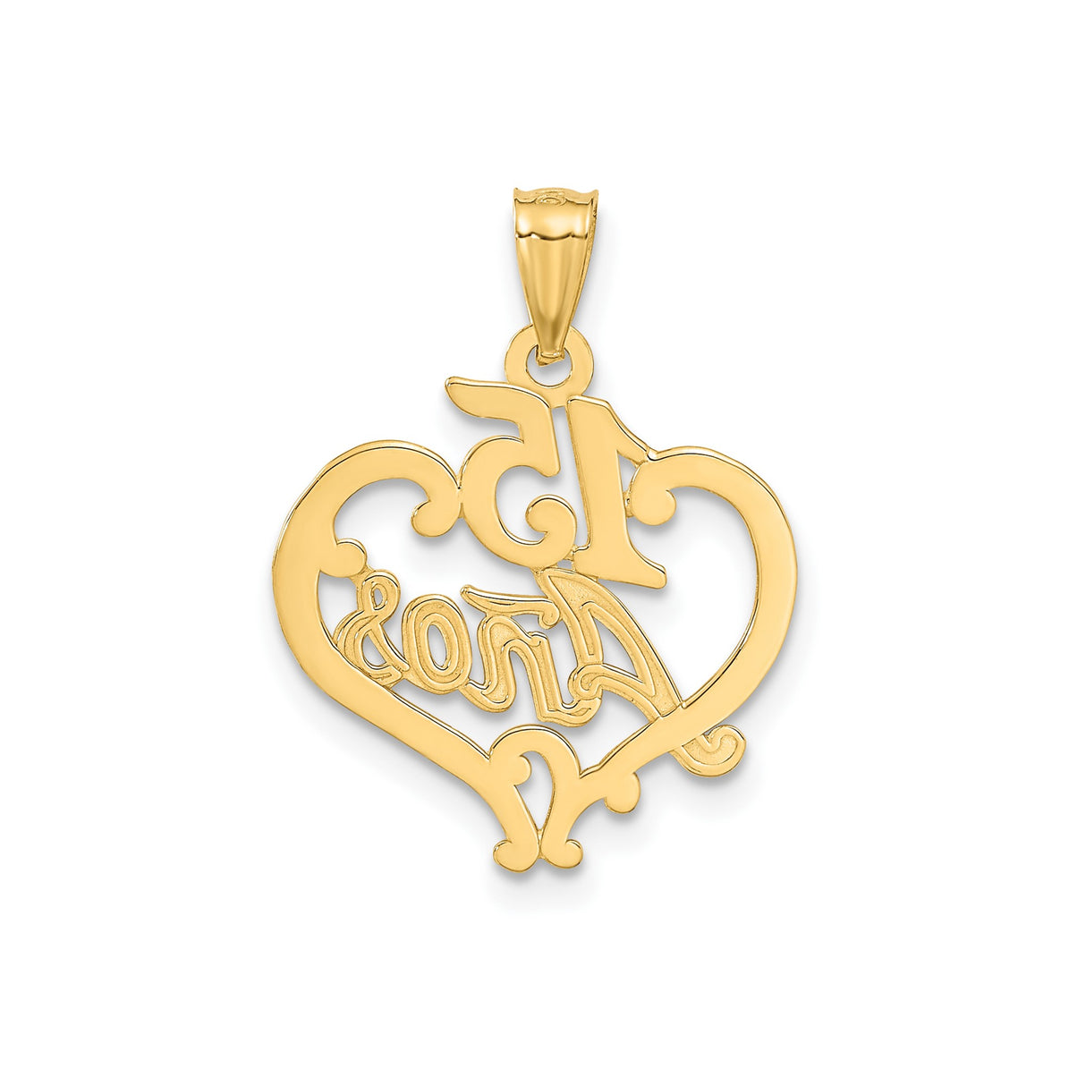 14k Yellow Gold Heart Pendant with 15 Años Script, Quinceañera Jewelry Charm