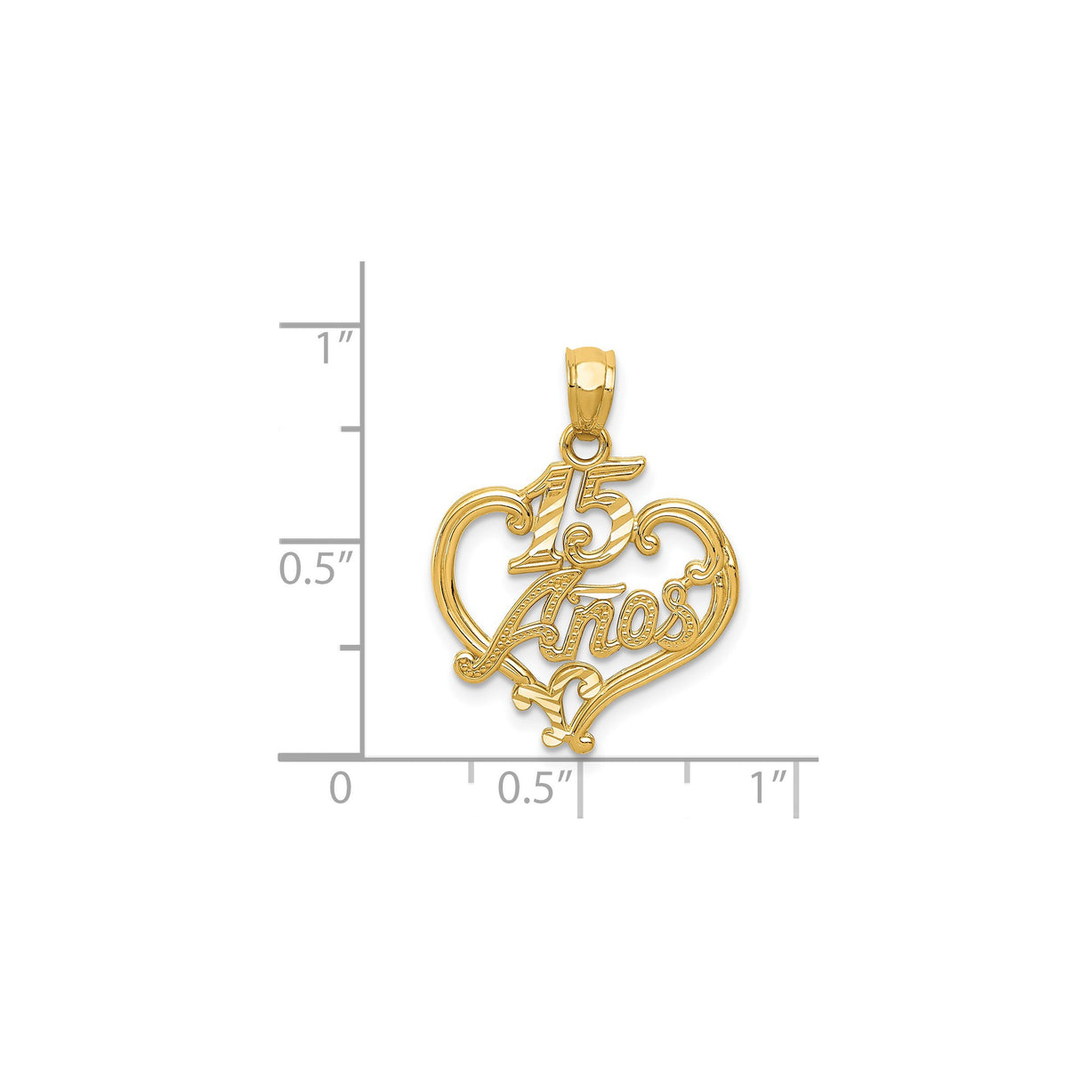 14k Yellow Gold Heart Pendant with 15 Años Script, Quinceañera Jewelry Charm
