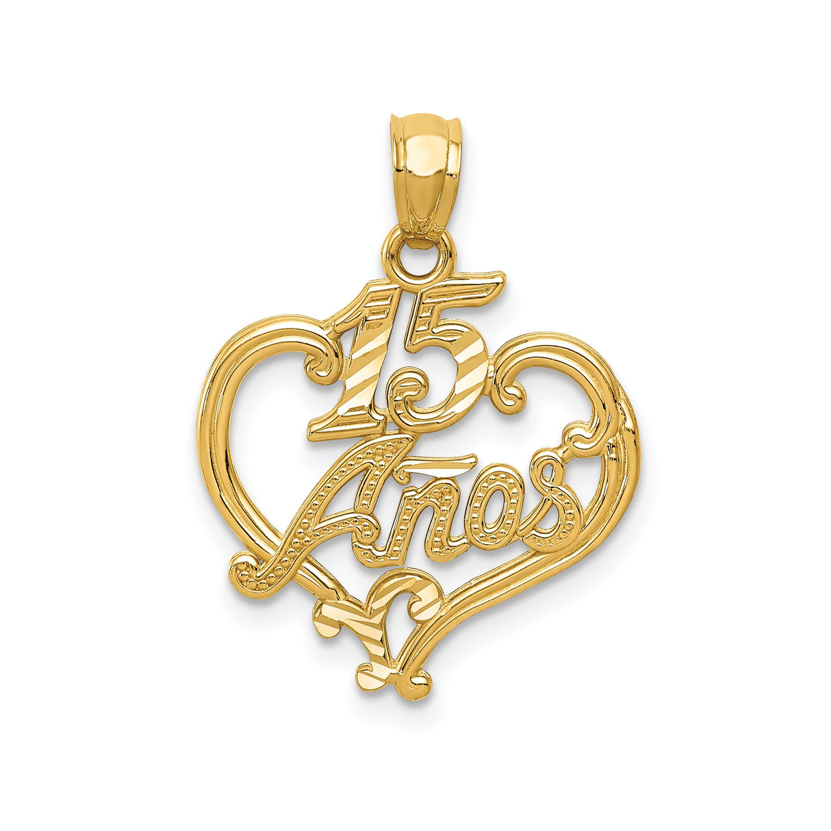 14k Yellow Gold Heart Pendant with 15 Años Script, Quinceañera Jewelry Charm