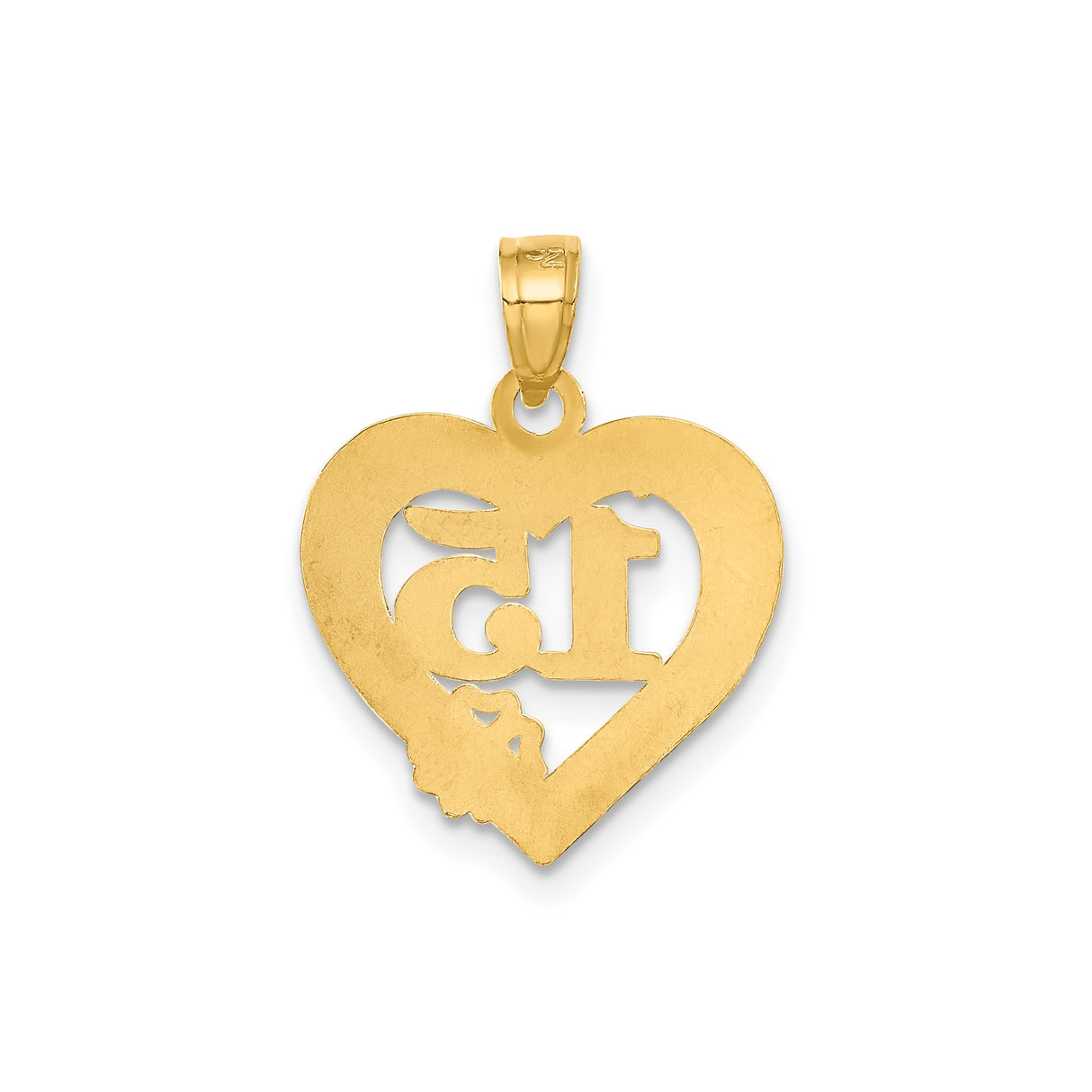 14k Yellow Gold Heart Pendant with Number 15, Floral Detail, Quinceañera Charm
