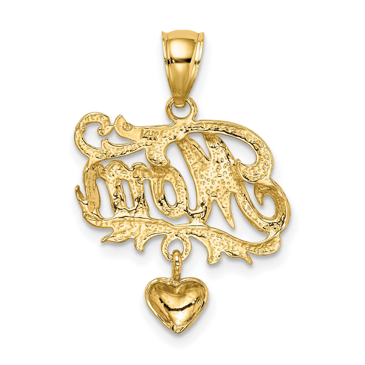 14k Yellow Gold Mom Pendant with Dangling Heart Charm and Floral Accent Design