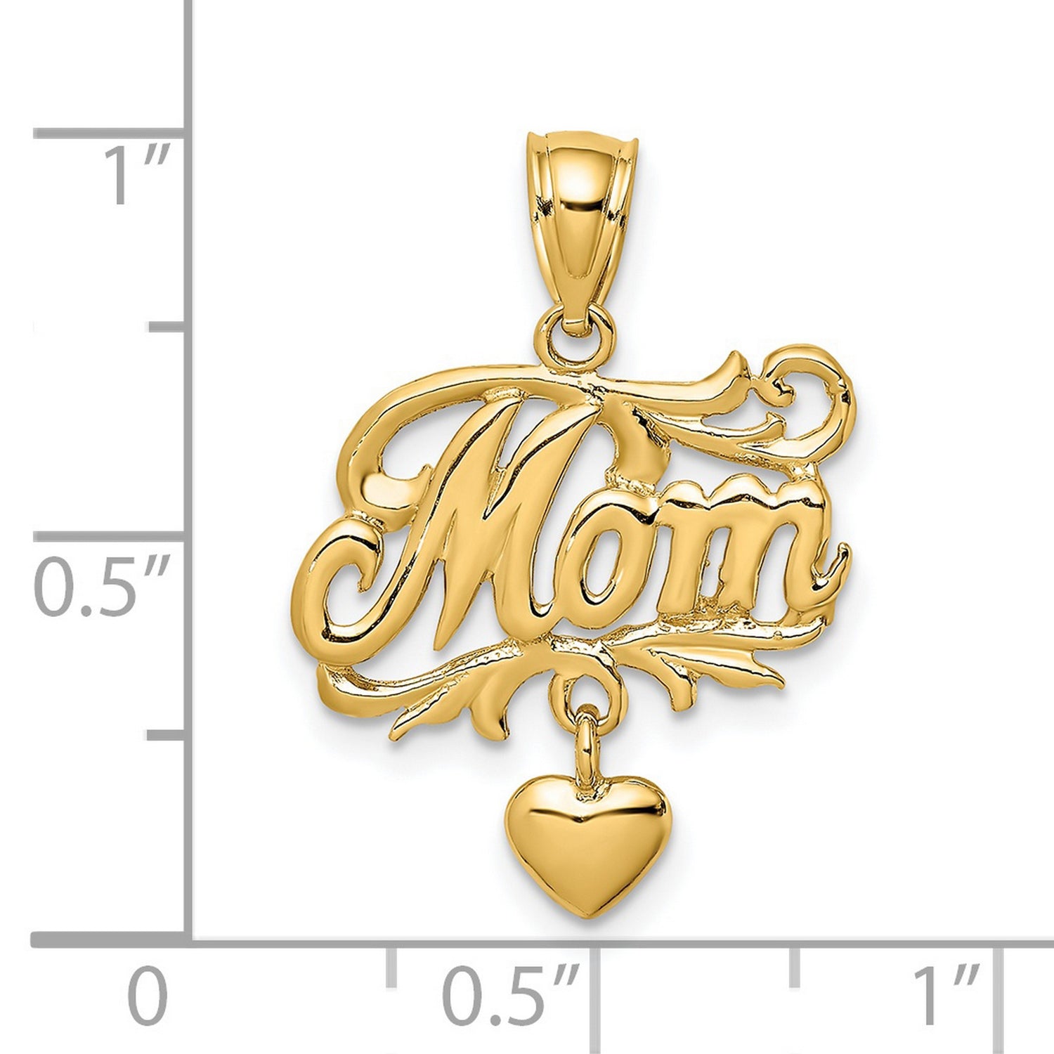 14k Yellow Gold Mom Pendant with Dangling Heart Charm and Floral Accent Design