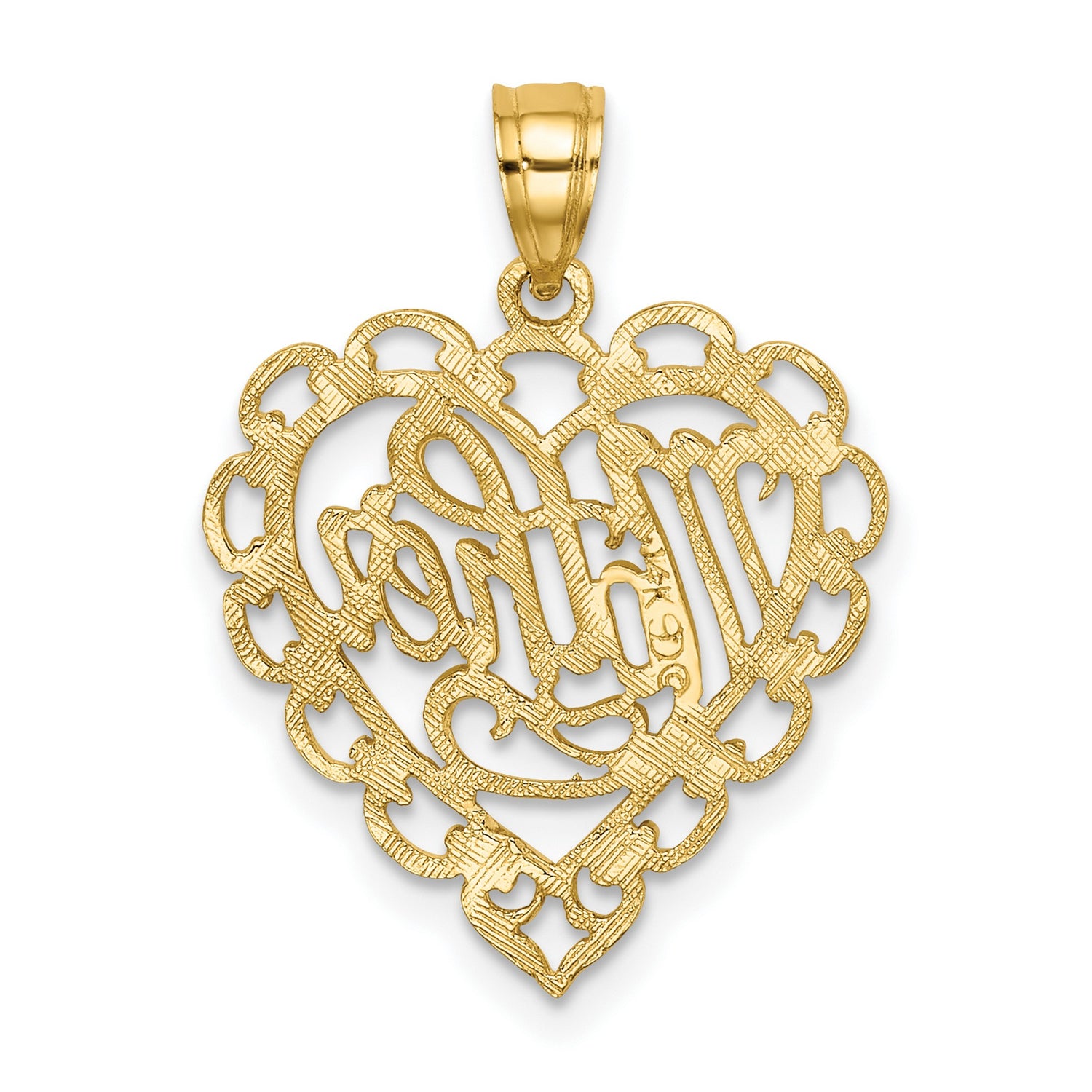 14k Yellow Gold Heart Pendant with Script Mother Design and Filigree Detailing