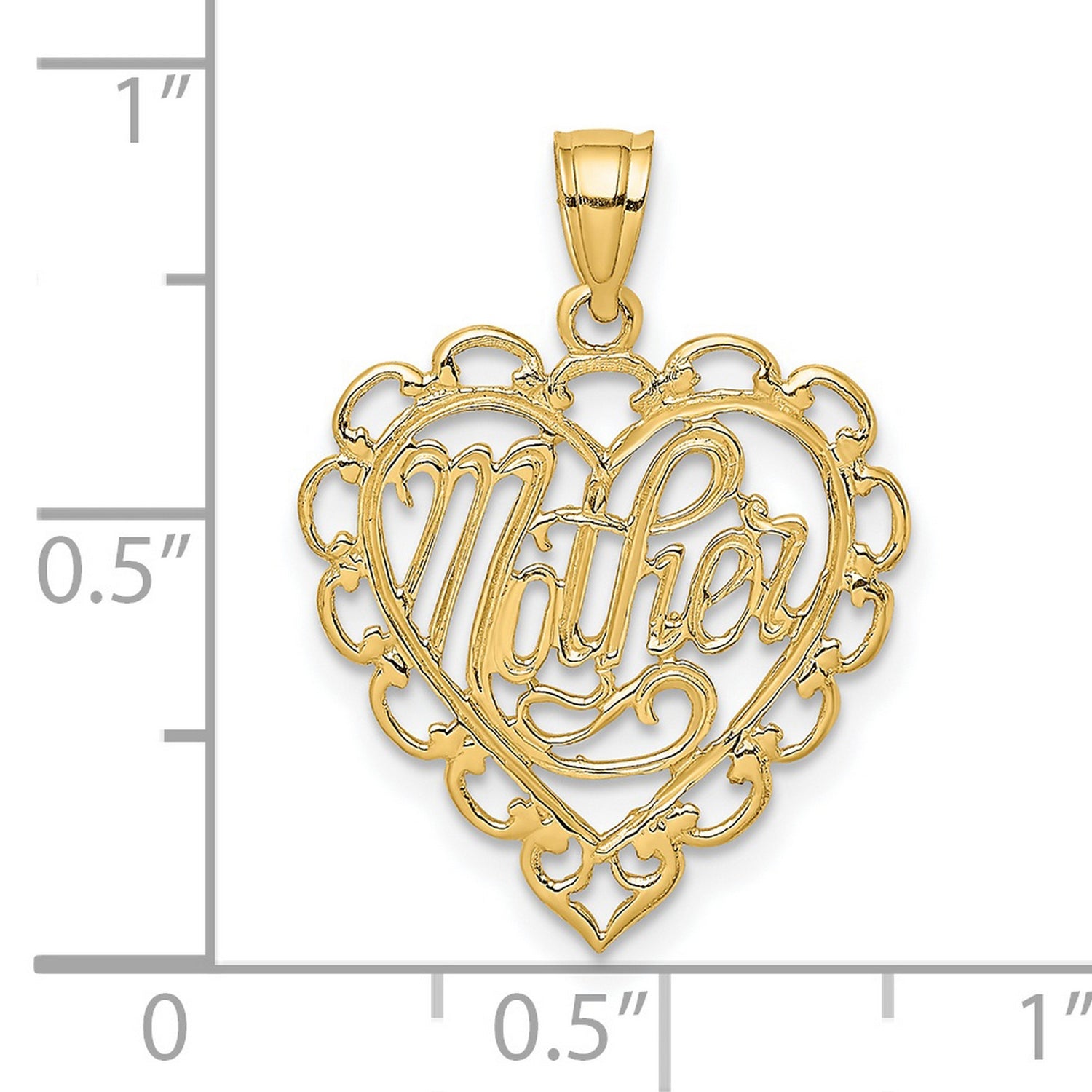14k Yellow Gold Heart Pendant with Script Mother Design and Filigree Detailing