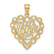 14k Yellow Gold Heart Pendant with Script Mother Design and Filigree Detailing