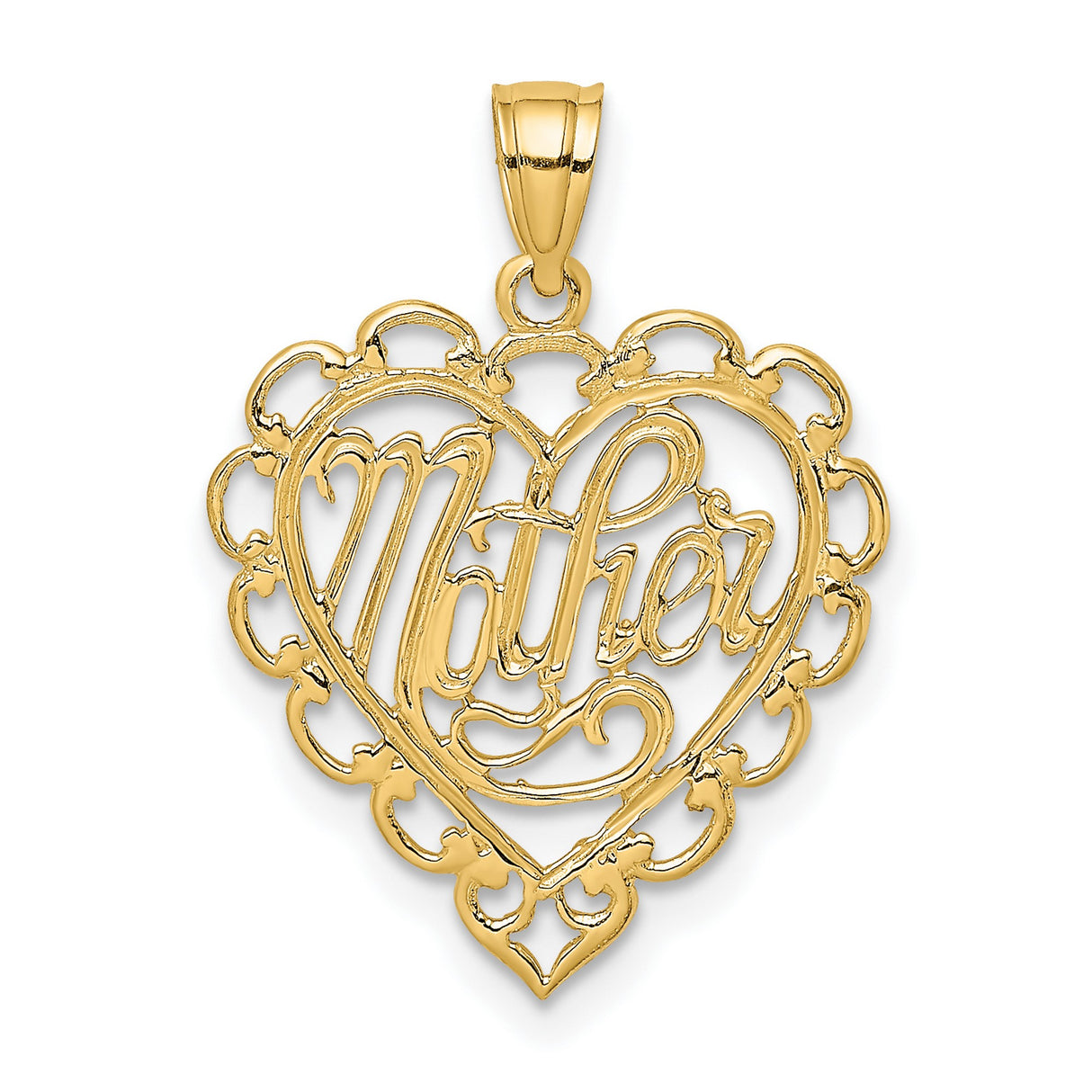 14k Yellow Gold Heart Pendant with Script Mother Design and Filigree Detailing