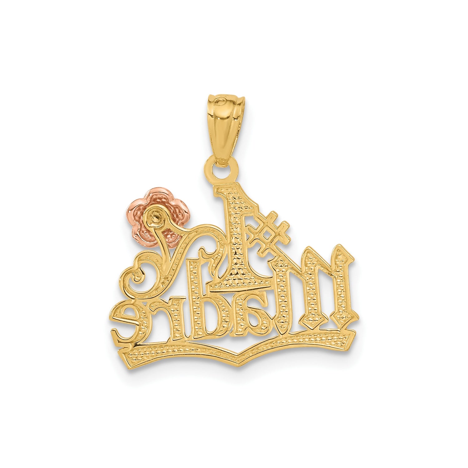 14k Two-Tone Gold Madre Pendant with Rose Accent, Spanish Floral Mother Charm