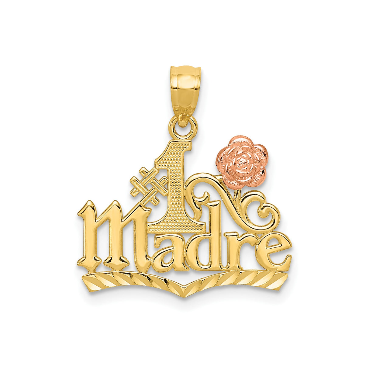 14k Two-Tone Gold Madre Pendant with Rose Accent, Spanish Floral Mother Charm