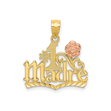 14k Two-Tone Gold Madre Pendant with Rose Accent, Spanish Floral Mother Charm
