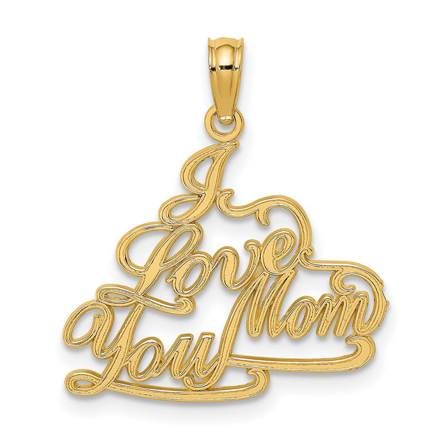 14k Yellow Gold Mom Pendant, Script Lettering I Love You Charm for Women