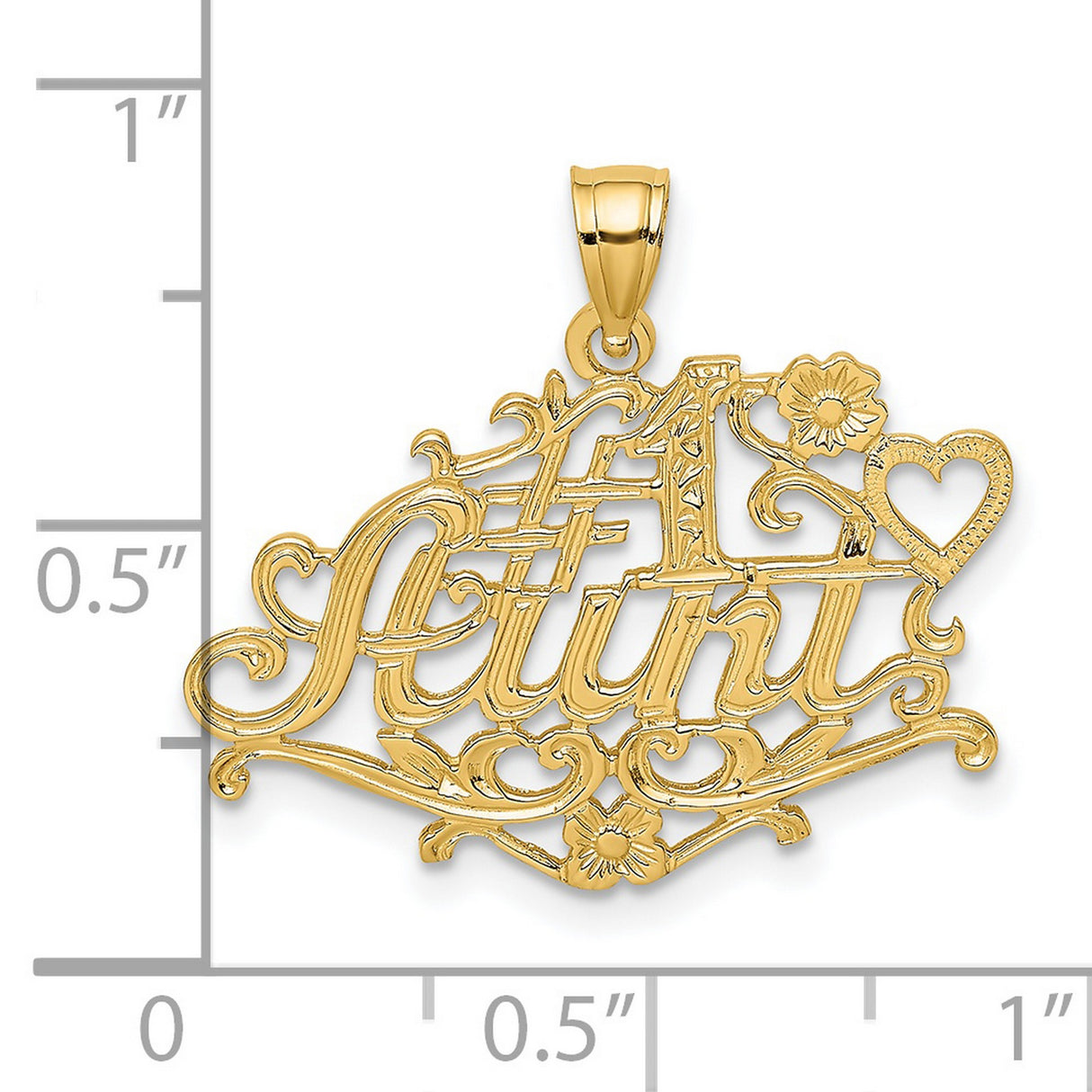 14k Yellow Gold Number One Aunt Pendant with Floral Heart Accents, Scripted Charm