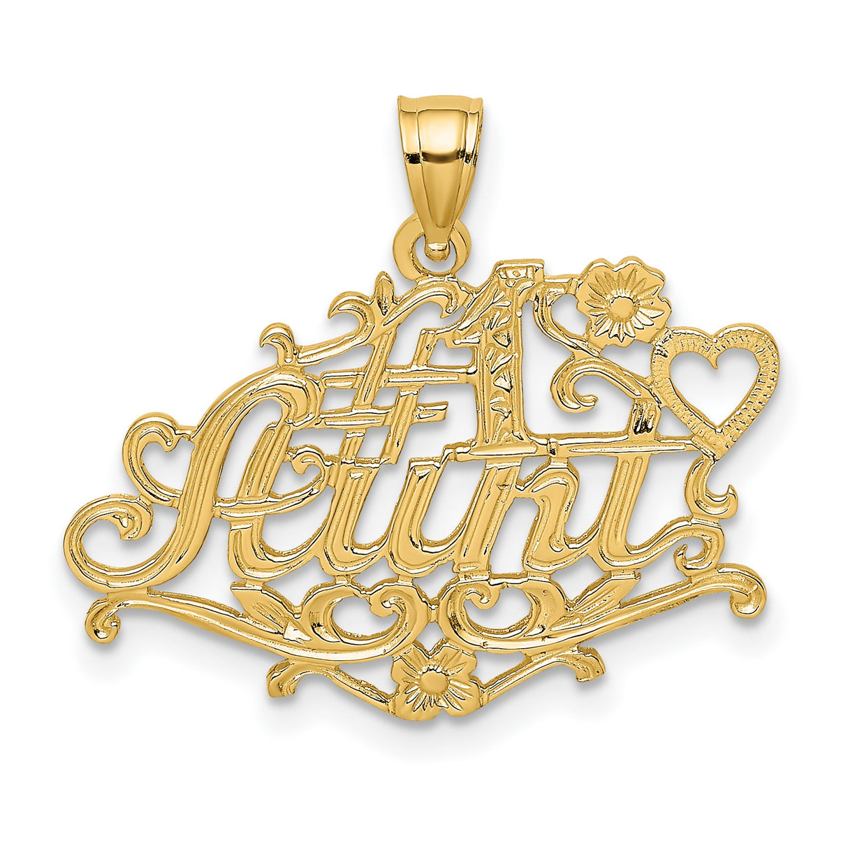 14k Yellow Gold Number One Aunt Pendant with Floral Heart Accents, Scripted Charm