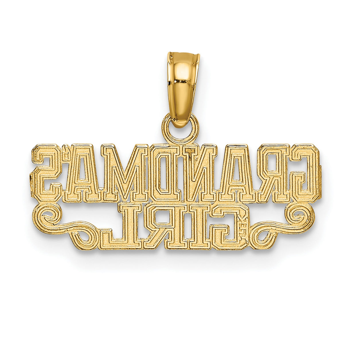 14k Yellow Gold Grandmas Girl Pendant with Scroll Design and Block Lettering