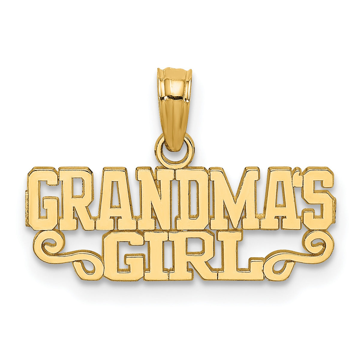 14k Yellow Gold Grandmas Girl Pendant with Scroll Design and Block Lettering