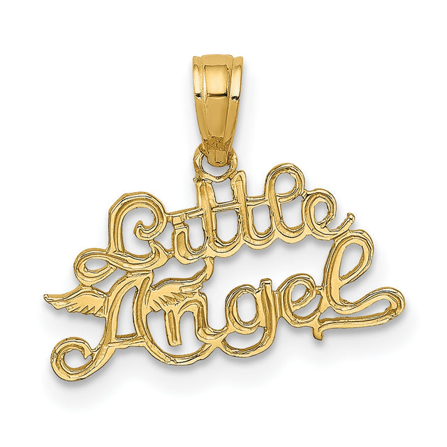 14k Yellow Gold Little Angel Pendant with Scripted Wings, Dainty Religious Charm for Women or Infants