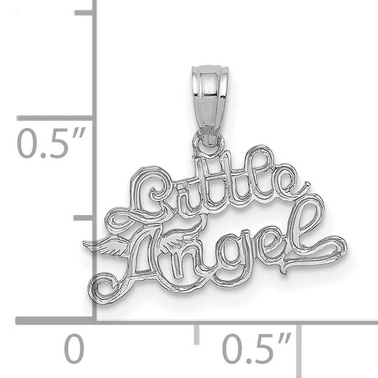 14k White Gold Angel Pendant with Wings and Script Lettering, Christian Religious Charm for Women