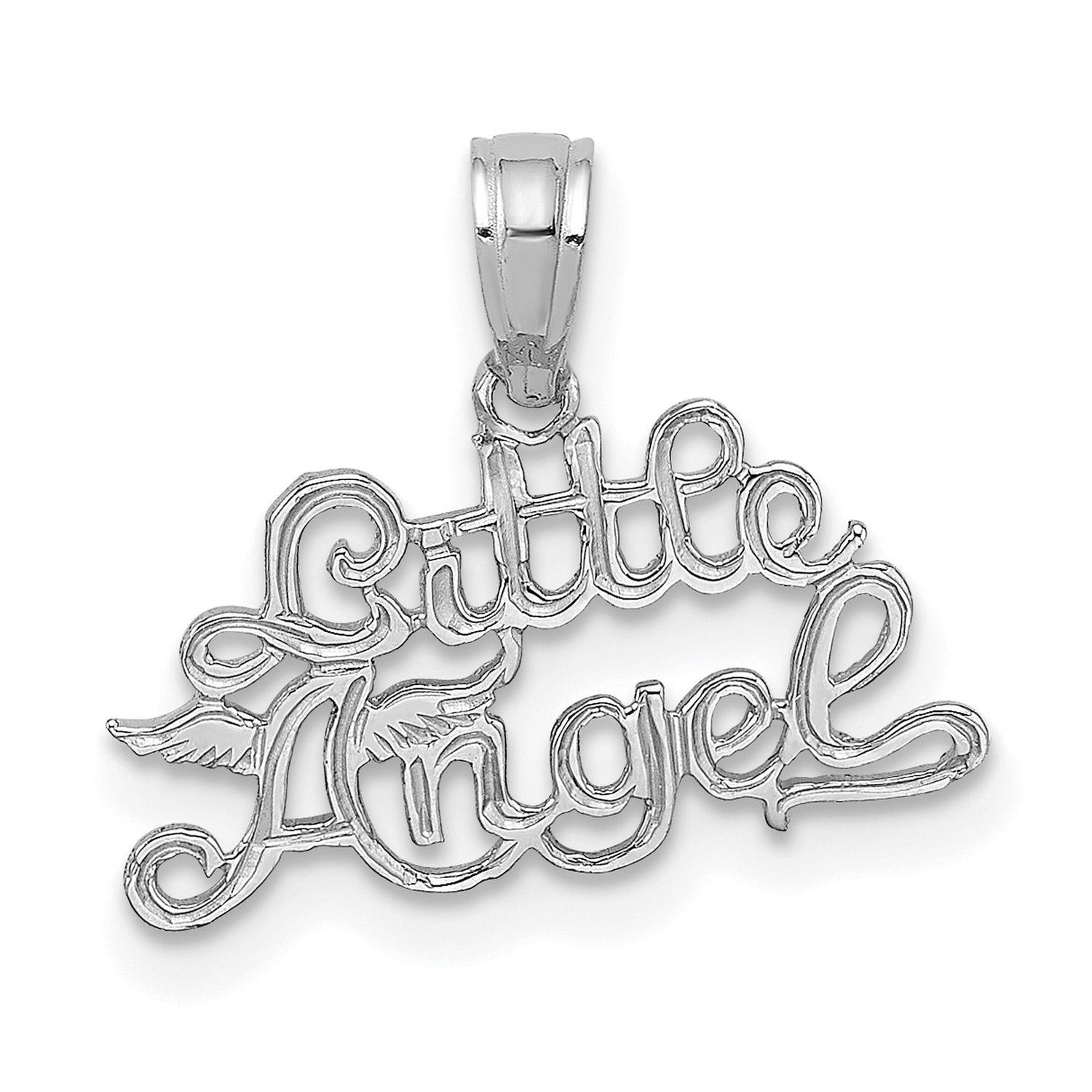 14k White Gold Angel Pendant with Wings and Script Lettering, Christian Religious Charm for Women