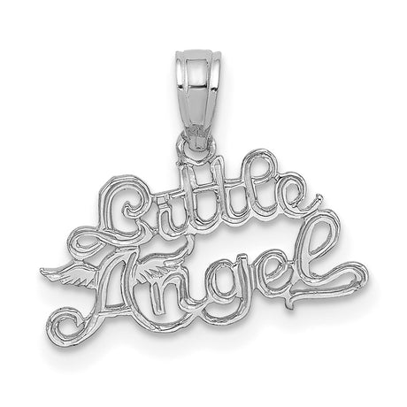 14k White Gold Angel Pendant with Wings and Script Lettering, Christian Religious Charm for Women