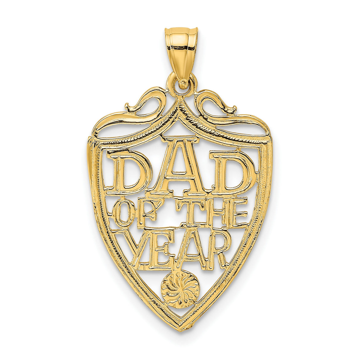 14k Yellow Gold Dad of the Year Shield Pendant with Sunburst Emblem for Men