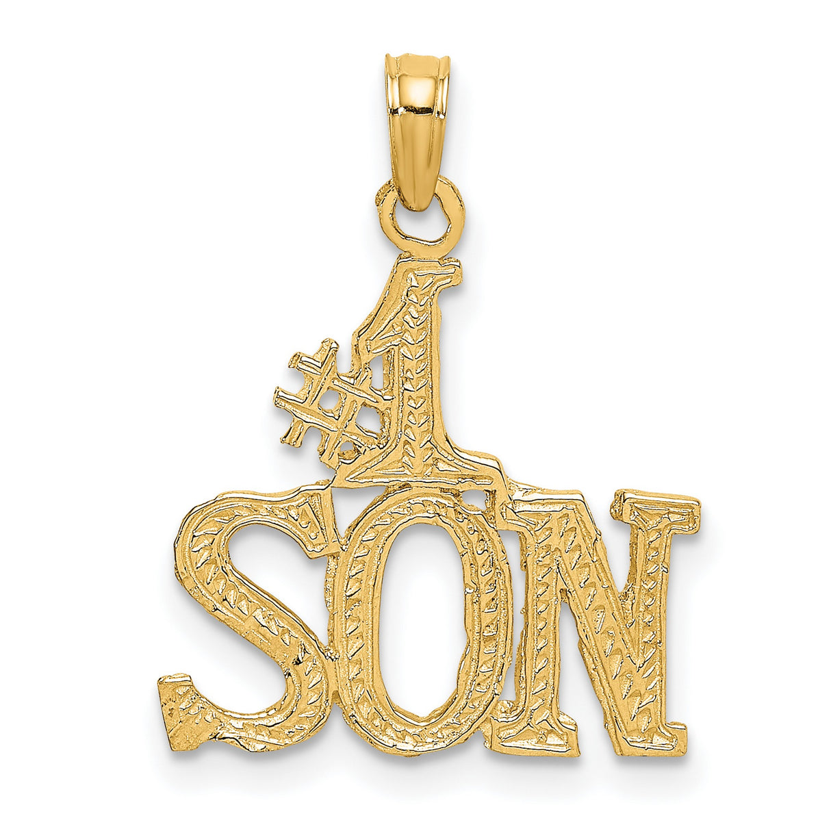 14k Yellow Gold Number One Son Pendant with Bold Lettering and Textured Design