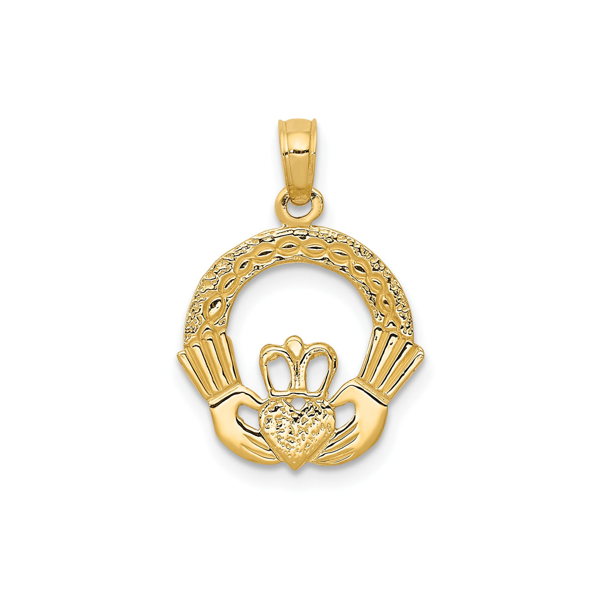 14k Yellow Gold Claddagh Pendant with Crowned Heart and Hands, Irish Celtic Symbol
