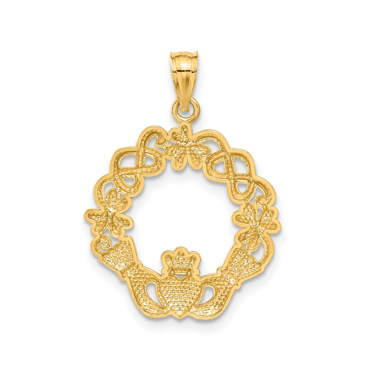 14k Multi-Tone Gold Claddagh Pendant with Shamrocks and Celtic Knots, Rhodium Accents